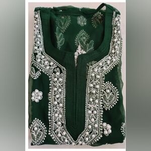 Chikankari Blue Lucknow kurta with pearls